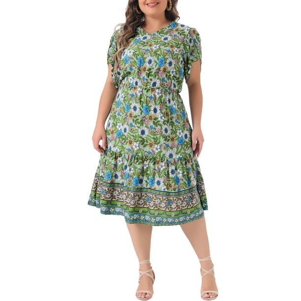 Vestido midi A línea de verano casual bohemio de flores con cuello en V y mangas cortas para mujer de tallas grandes Agnes Orinda 1X verde