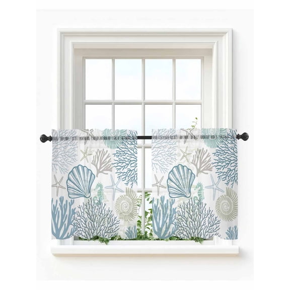 Light Blue Coastal Tier Curtains 36 Inch Length,Sheer Curtains for Bedroom Living Room Window Summer Beach Coral Shell Starfish Rod Pocket Drapes Kitchen Curtains Small Half Window 27.5"x36" 2 Panels