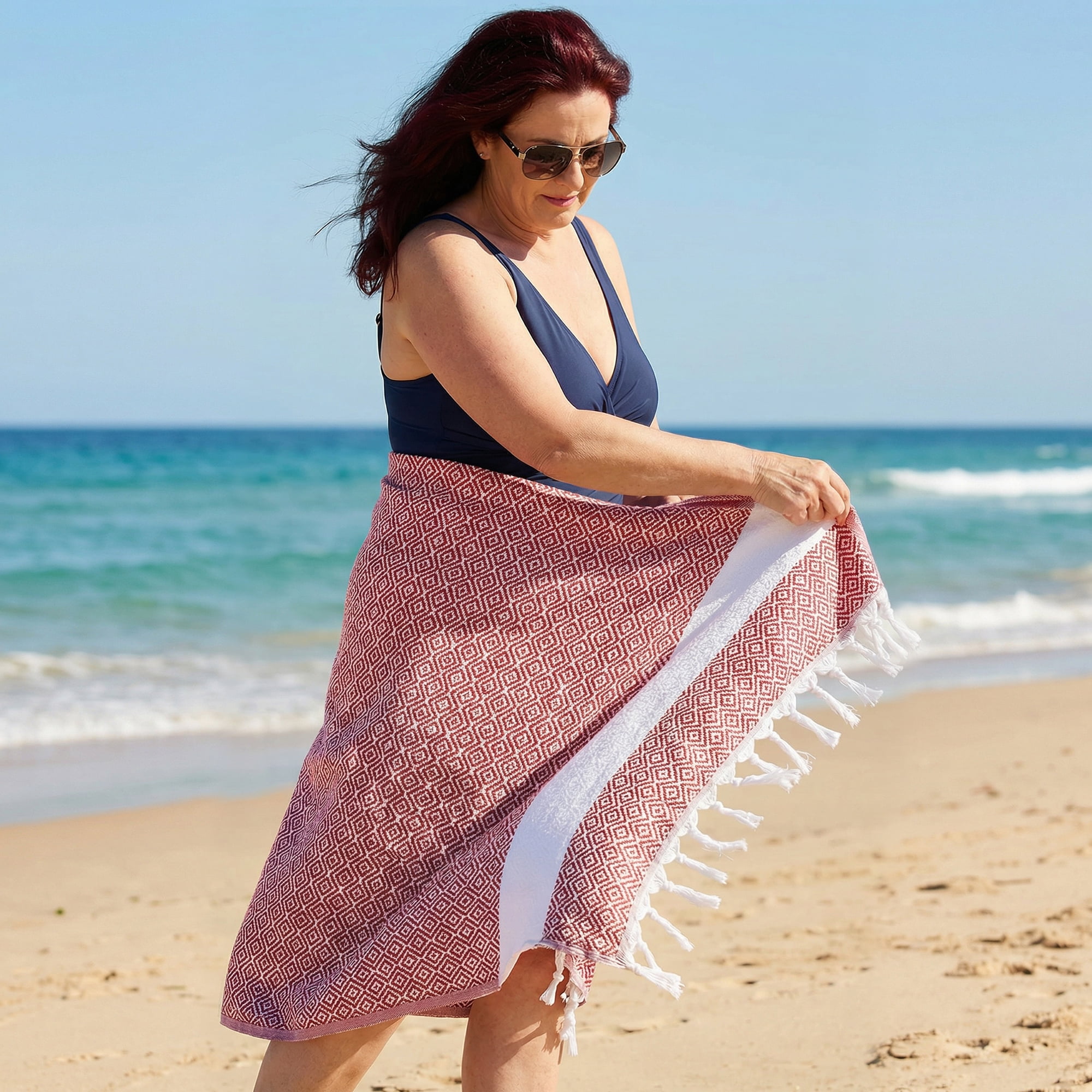 Unique Bargains Geometric Sandproof Quick Dry Turkish Beach Towel Crimson 71" x 40"