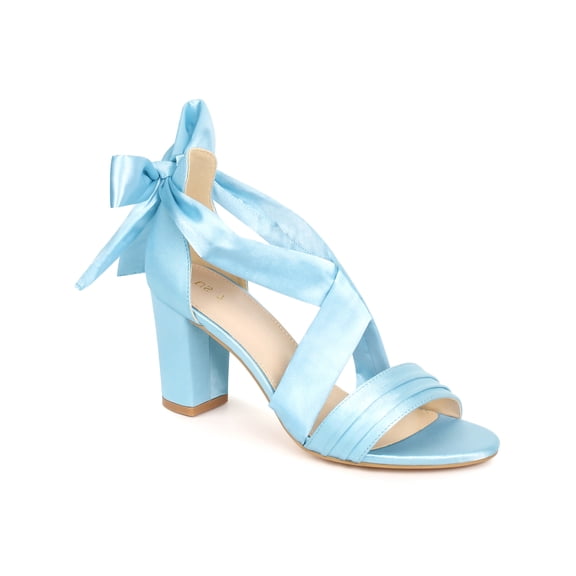 BLISSFUL STEP Lace Up Strappy Heel Satin Block Heels Sandals for Women Light Blue (Size 7)
