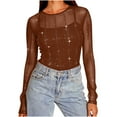 thumbnail image 2 of Casual Long Sleeve Tops New Women's Solid Elegant Sparkling Party Cocktail Party Elastic Mesh Long Sleeved Crew Neck Body Casual Lightweight Pullover Tops Style B-54 Brown XXL, 2 of 9