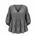 thumbnail image 3 of Guluxicc Women's Linen Blosures Loose Ruffled Bottom V Neck Short Bubble Sleeve Tops for Everyday Wear Spirng Summer Casual Outfits, 3 of 4