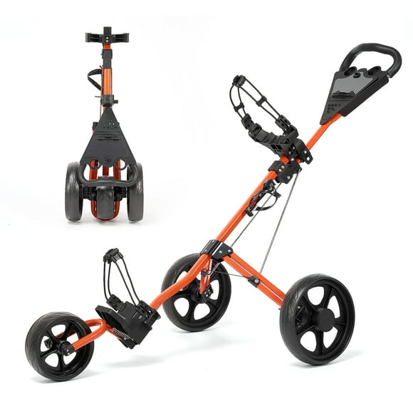 Naipo Golf Cart Push Bag Folding 3 Wheels Golf Pull with Scoreboard Adjustable Handle Large Wheelbase for Different Terrain, Orange