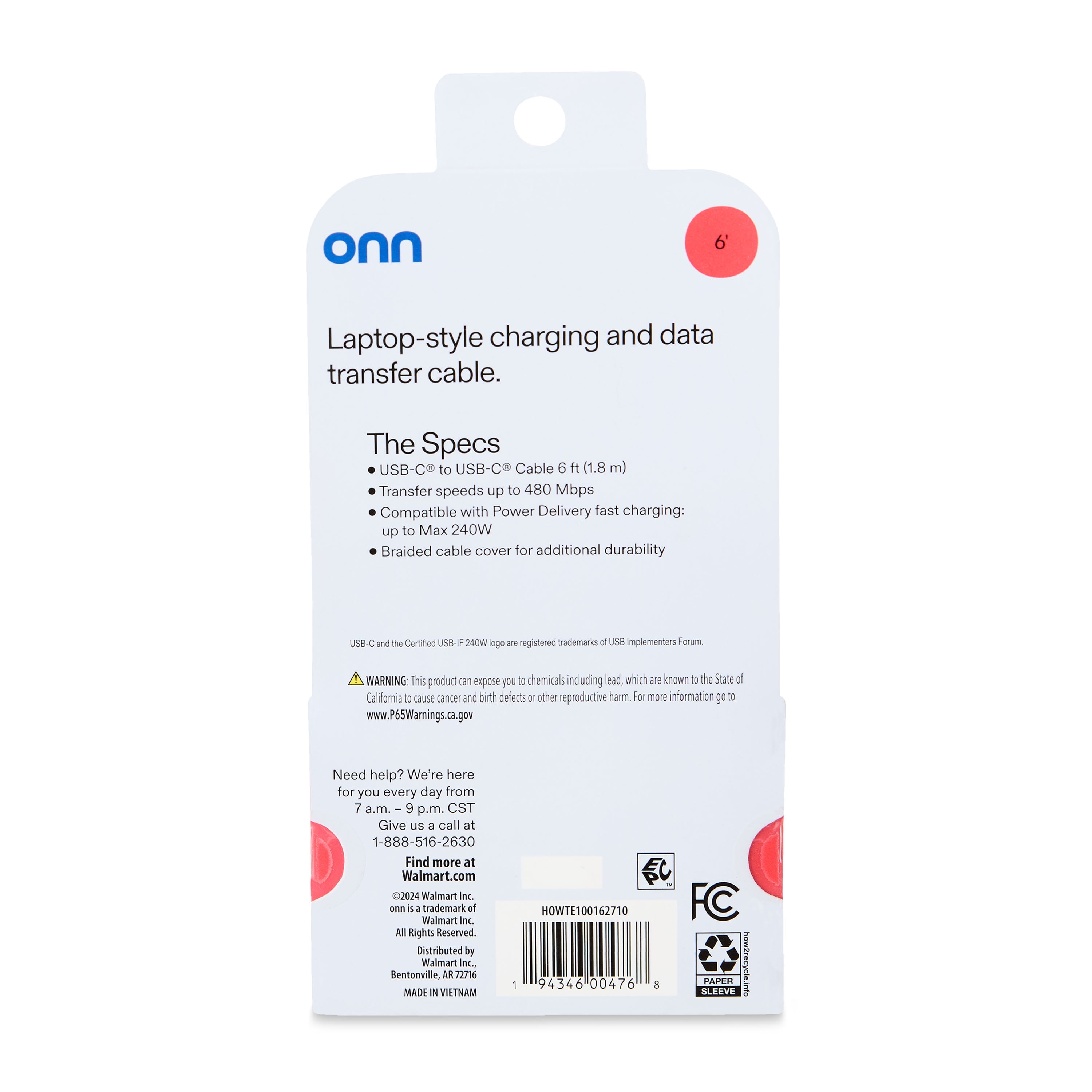 onn 6' USB-C to USB-C Cable White, Fast Charging and Data Transfer for Laptops