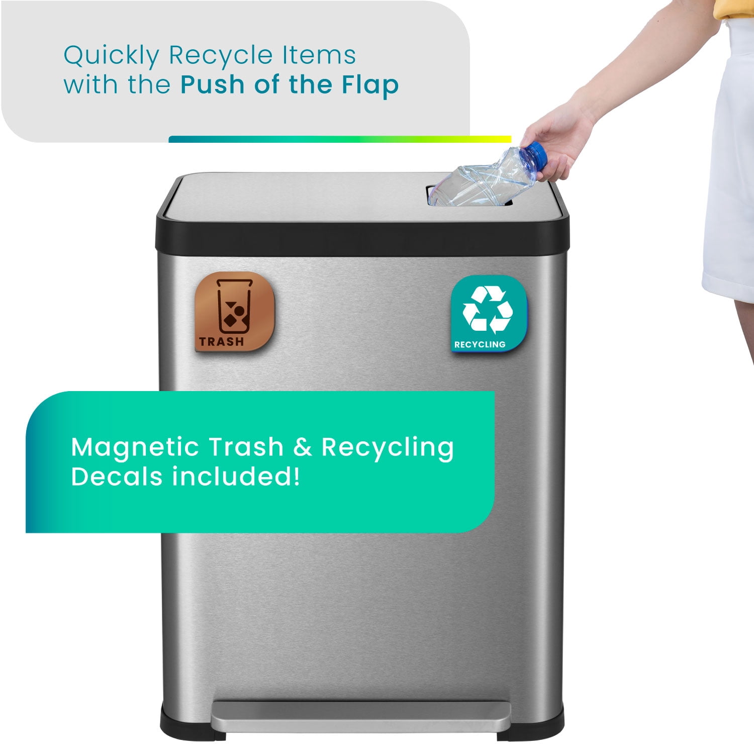 Home Zone Living 19 Gallon Dual Compartment Kitchen Trash Can with CleanAura Odor Control and Recycling Flap, Stainless Steel, Silver