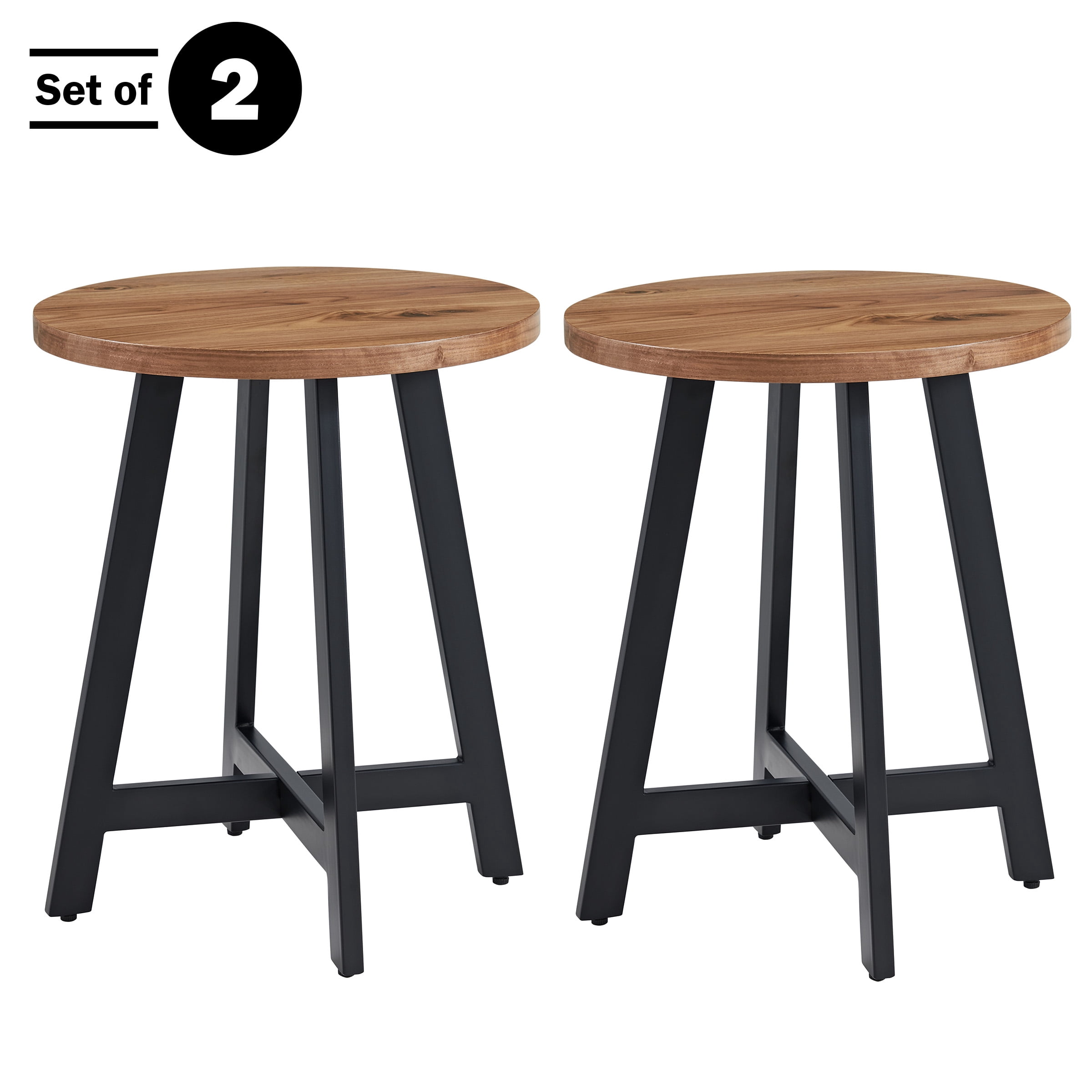 Lavish Home Set of 2 Modern Round End Tables with Metal Bases (Walnut)