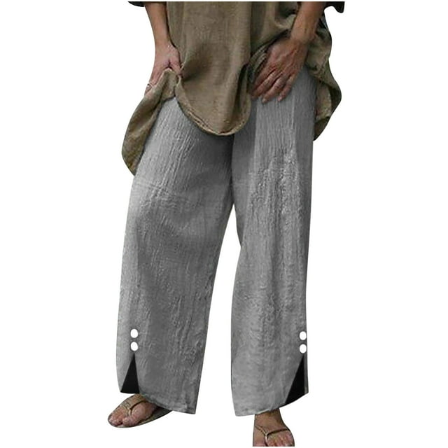 Diufon Wide Leg Pants for Women Button Down Cotton Linen Straight Pants Casual Solid Color Side Split Trousers