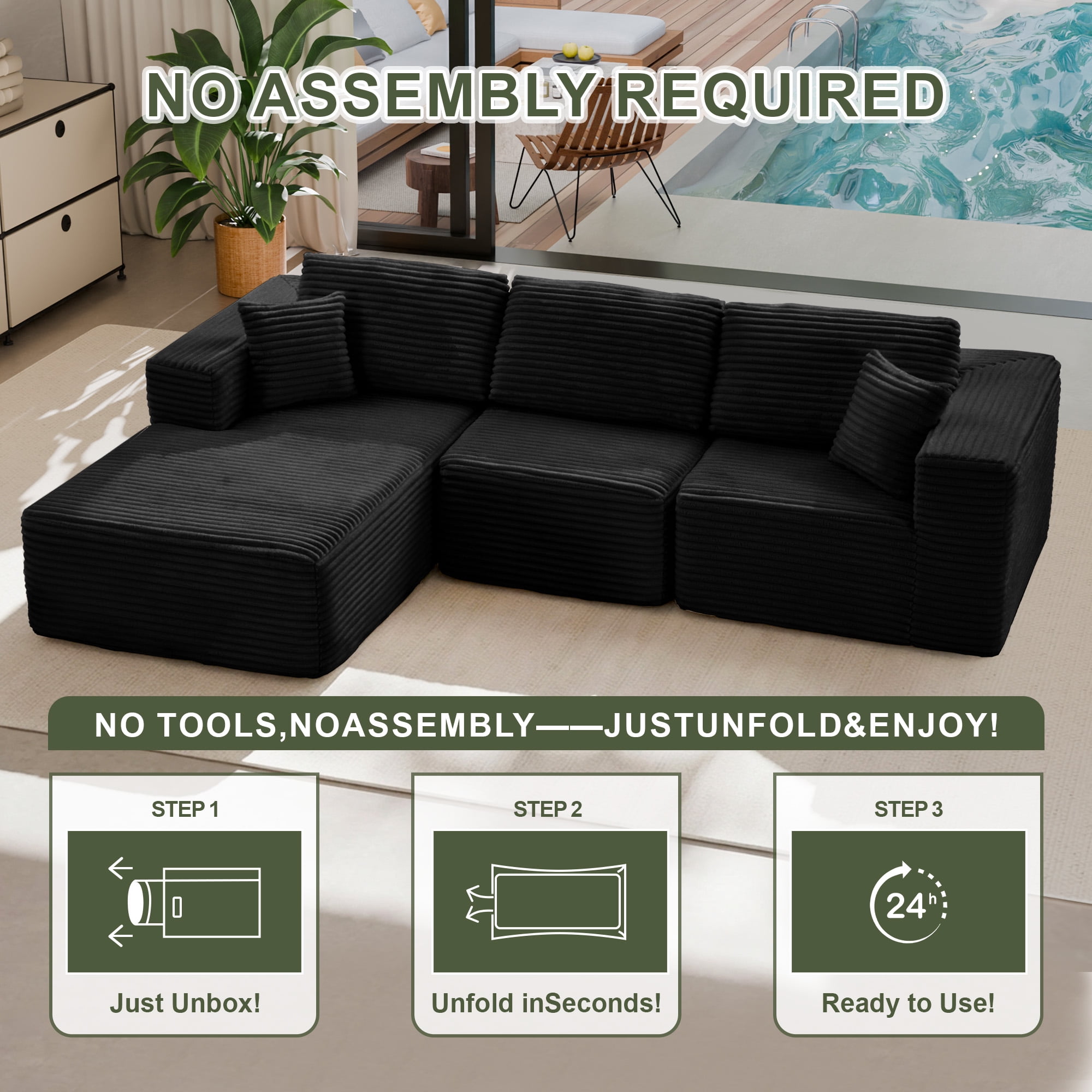 MAYEERTY Modern Corduroy Modular Sectional Sofa - Boneless Couch for Home, 104"W x 67"D Black