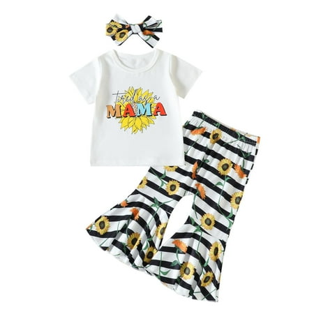 

GWAABD Girls Clothing Set White Cotton Blend Toddler Girls Short Sleeve Mother s T Shirt Pullover Tops Sunflower Striped Printed Bell Bottoms Pants Kids Outfits 130