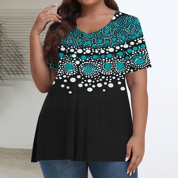 SYMOID Womens Plus Size Oversized Polka Dots V-Neck Short Sleeve Casual T-Shirt,Black,Size 2XL