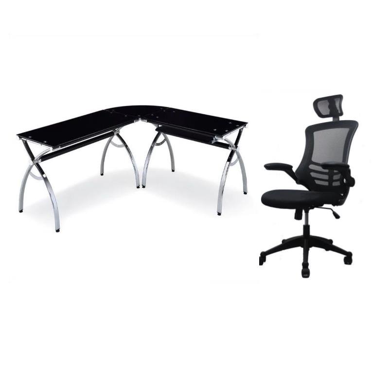 Set of 2 Gaming LShaped Glass Desk in Chrome and Chair with Headrest