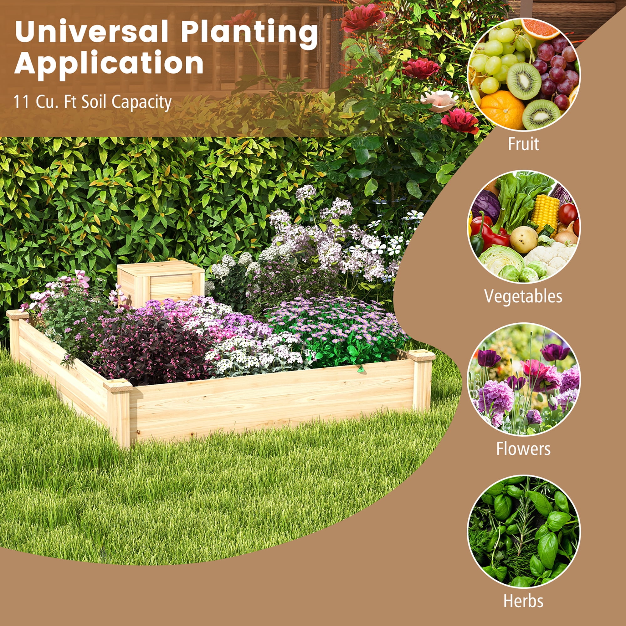 Gymax Raised Fir Wood Garden Bed 49" x 49" x 10" Open Base Garden Bed w/ Composting Bin