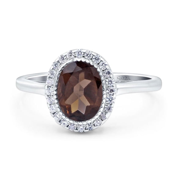 Natural Chocolate Smoky Quartz Size-5 Art Deco Oval Vintage Style Halo CZ Wedding Engagement Ring For Women 925 Sterling Silver Gifts For Her