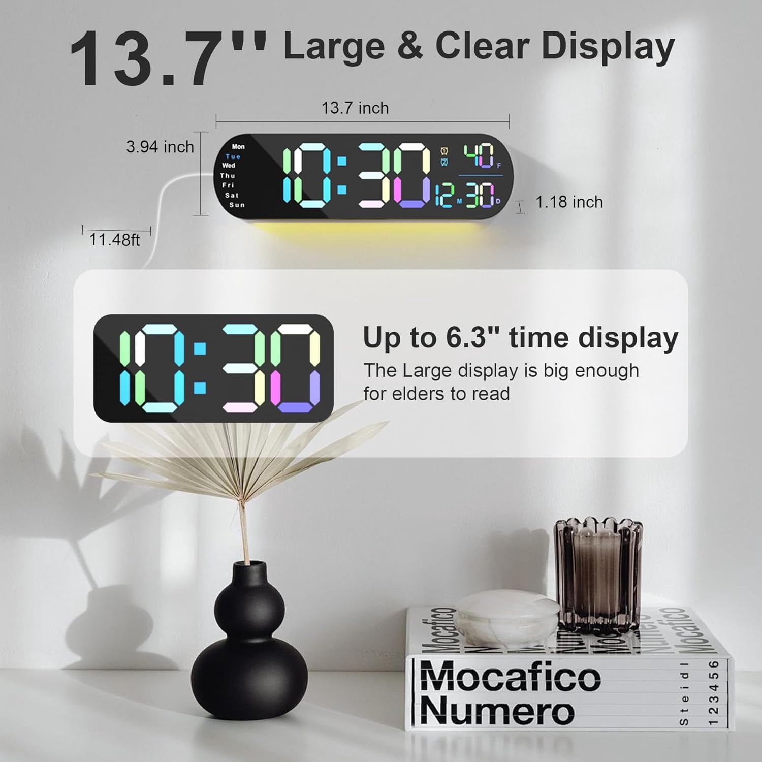 Hansang Digital Wall Clock with Auto Brightness, Displays Room Temperature and Date, Large Digital Clock Equipped with Dual Alarm Clock and 13.7-Inch Wide Display, Color Fonts