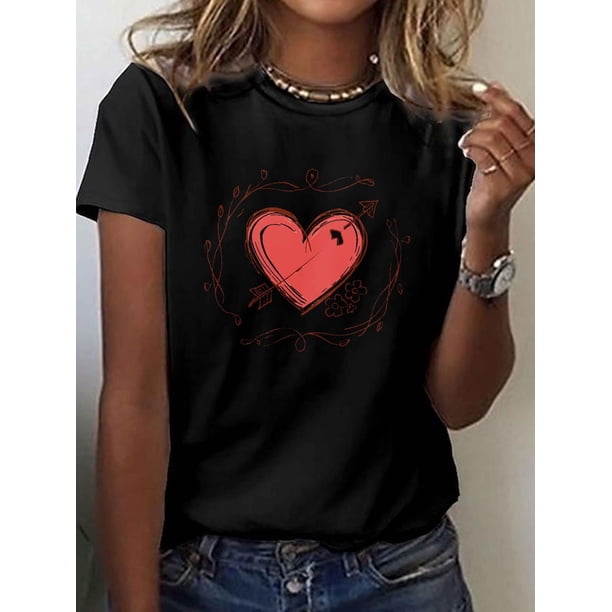 Camiseta con estampado de corazón y flecha de Cupido para mujer, ideal para San Valentín. Cuello redondo gris informal de manga corta, suave, ideal para primavera y verano. Ideal para San Valentín. Ca