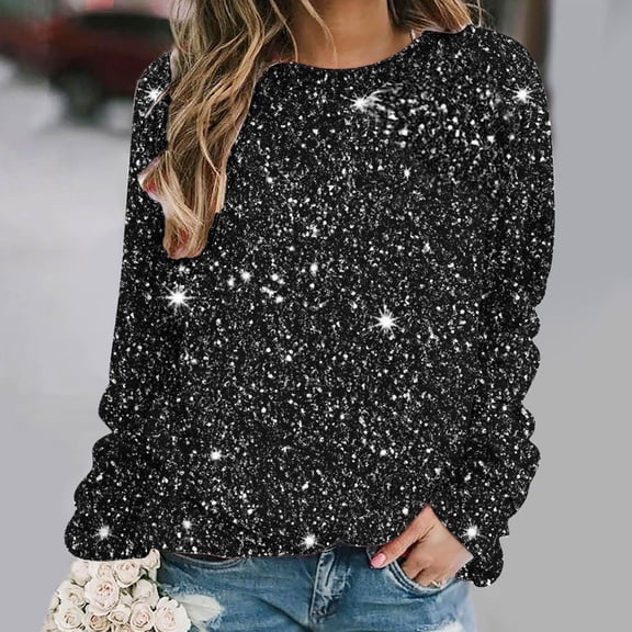 Aobny Work Shirts for Women Sweatshirt Black Long Sleeve Sparkly Crew Neck Graphic Pullover Tops for Lady Hiking