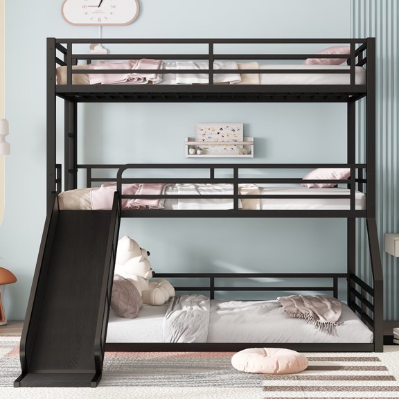 QJTC Triple Bunk Bed with Slide, Heavy Duty Twin Over Twin Over Full Metal Three Bunk Bed with Ladder and Guardrail, No Box Spring Needed