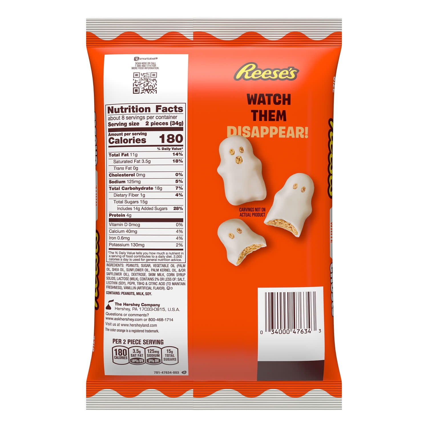 Reese's White Creme Snack Size Peanut Butter Ghosts Halloween Candy, Bag 9.6 oz