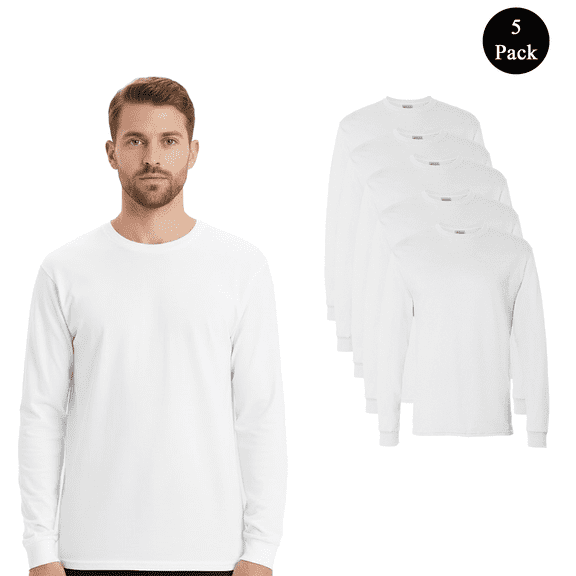 Hanes men Essential-T Long Sleeve T-Shirt, Durable Soft Crewneck Casual Solid White Tee, 5-Pack S