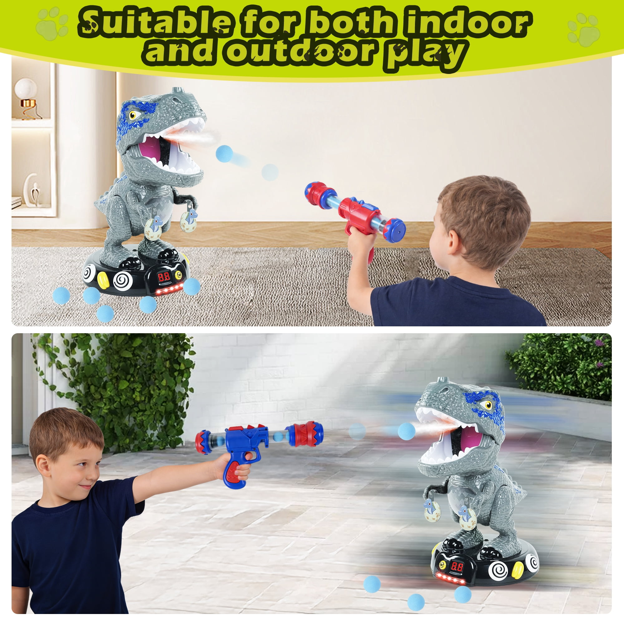 JUGAAD LIFE Dinosaur Shooting Toys for Kids, Movable Target Shooting Games with 2 Air Pump Blasters, 48 Foam Balls and LED Score, Birthday Gifts for 3 4 5 6 7 Years Old Boys - Gray