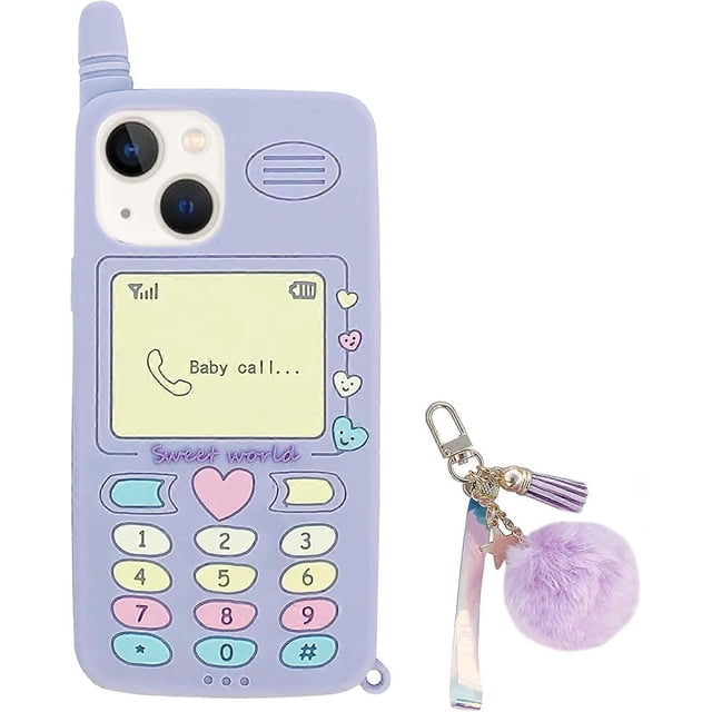 Kawaii Phone Case for iPhone 13 Pro Max,Cute Cartoon Retro Phone Case with Keychain Retro Classic Cellular Phone 3D iPhone 13 Pro Max Case Purple Soft