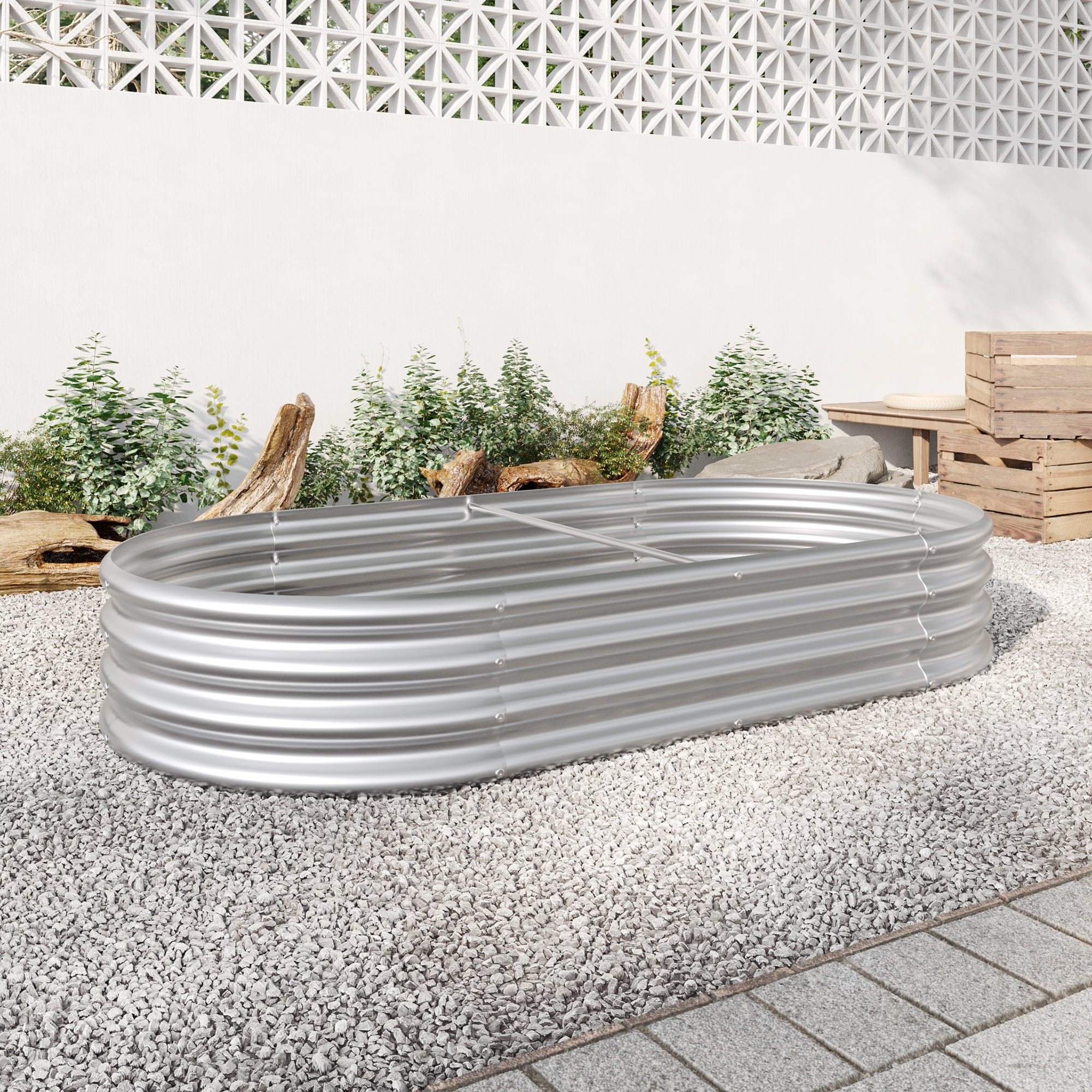 Raised Garden Bed Outdoor, Oval Large Metal Raised Planter Bed for for Plants, Vegetables, Flowers - Silver