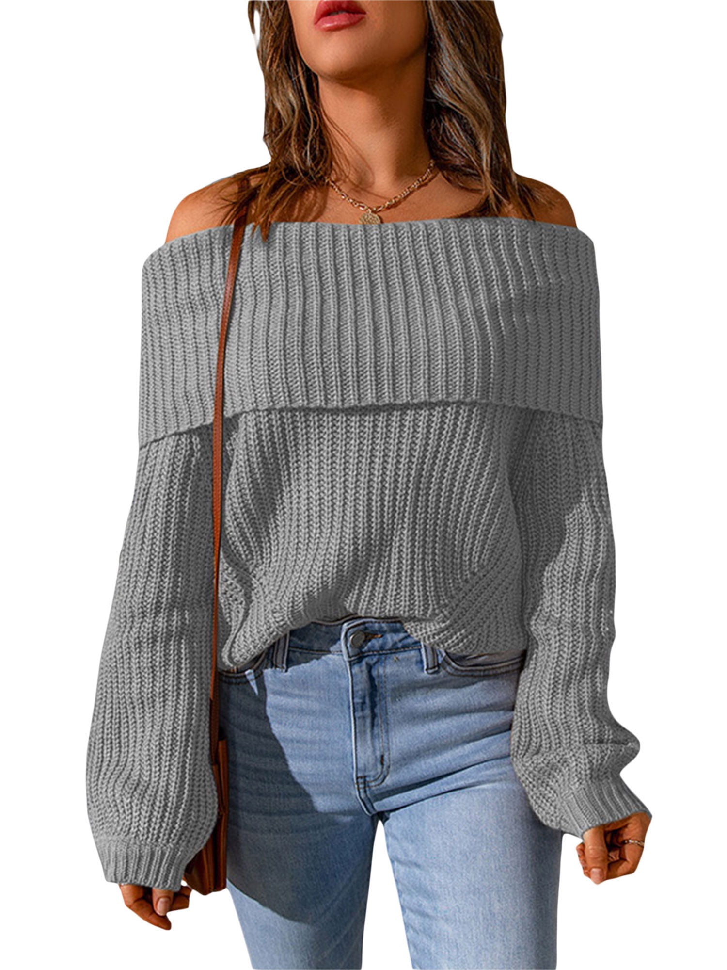 Women Off Shoulder Sweater Oversized Fold Over Knitted Pullover Long ...