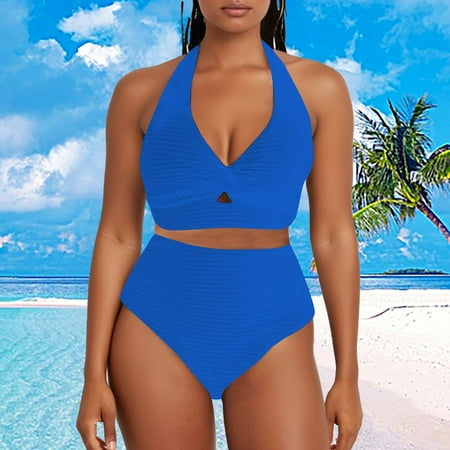 Tummy Control Swimsuit Women S Textured Bikini Sets Front Top Swimsuits High Waisted Bathing Suits Blue Women Blending Bikinis M