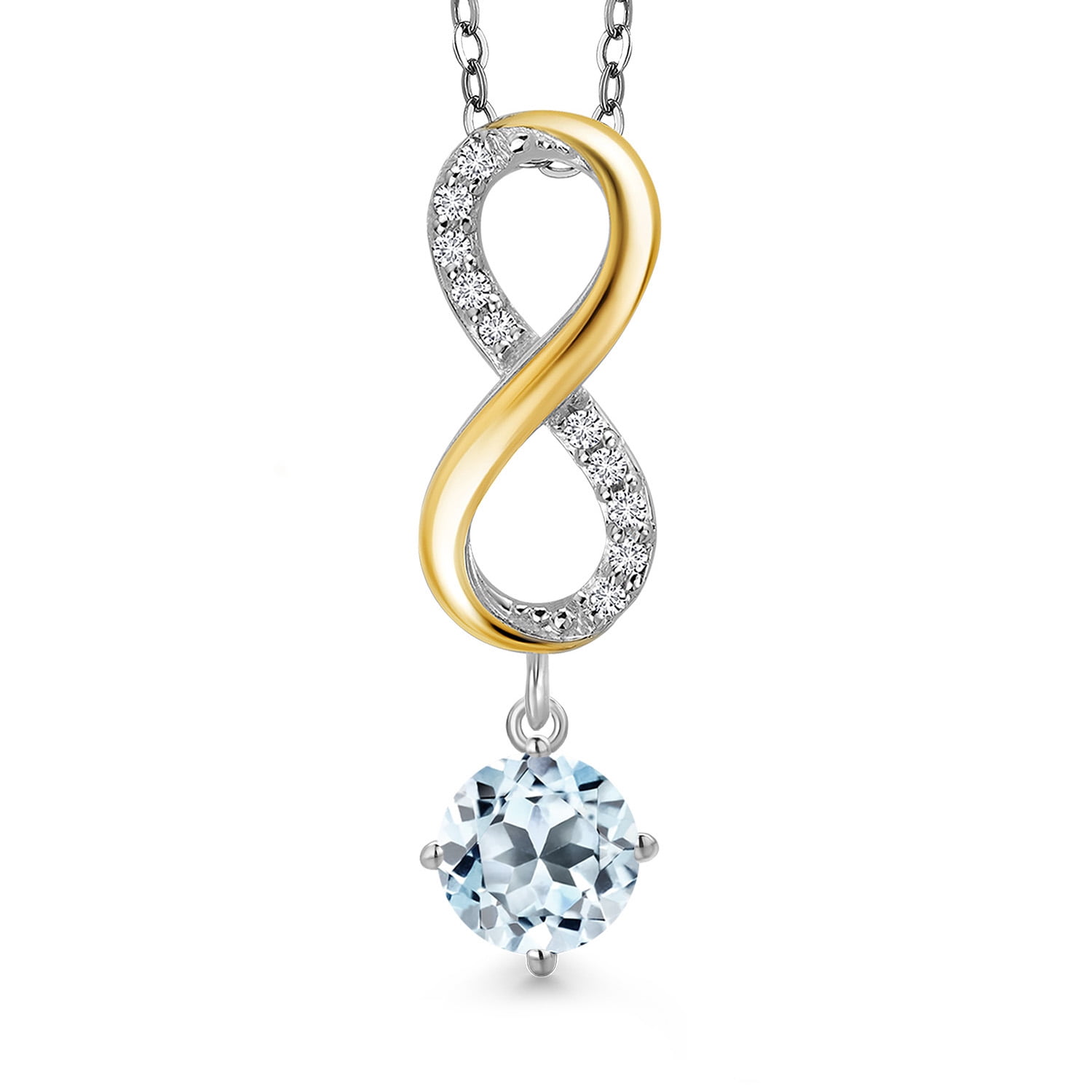 Gem Stone King 925 Silver and 10K Yellow Gold Sky Blue Topaz and Lab Grown Diamond Pendant Necklace for Women | 1.08 Cttw | Gemstone November Birthstone | Round 6MM | With 18 inch Silver Chain