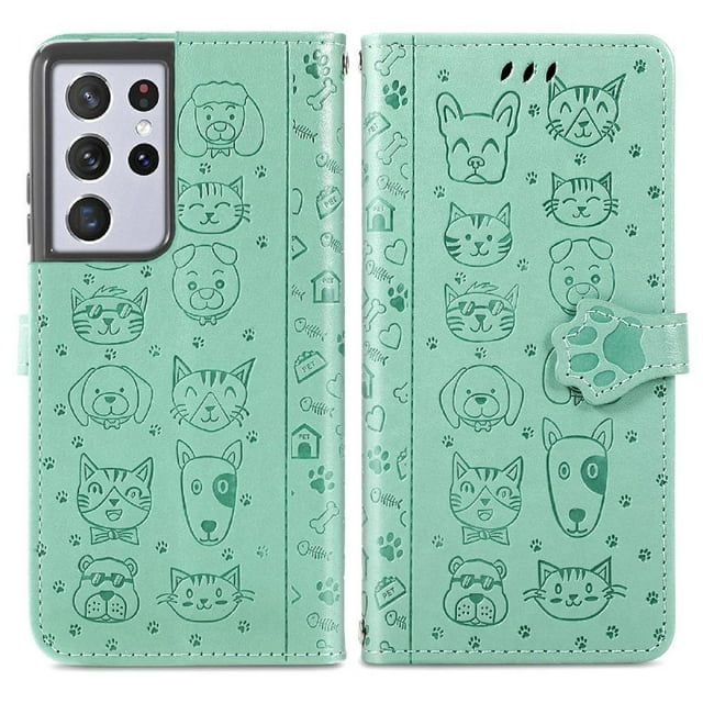 Funda Cartera FOXDOCK para Samsung Galaxy S21 Ultra , Flip PU con Relieve de Gatos y Perros, Tarjetero y Soporte