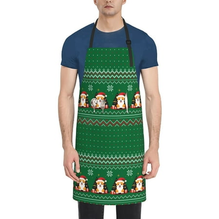 

Tebeau Christmas Corgis Print Waterproof Cooking Aprons Adjustable Bib Soft Chef Apron with 2 Pockets for Men Women