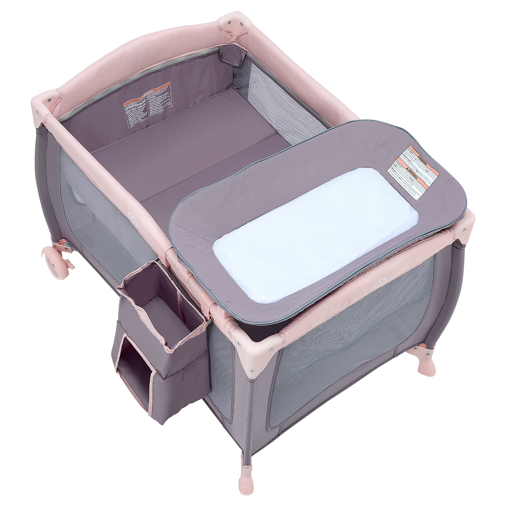 Pamo Babe Baby Playard, Foldable Changing Table, Wheels, Canopy for Newborn, Four-Panels