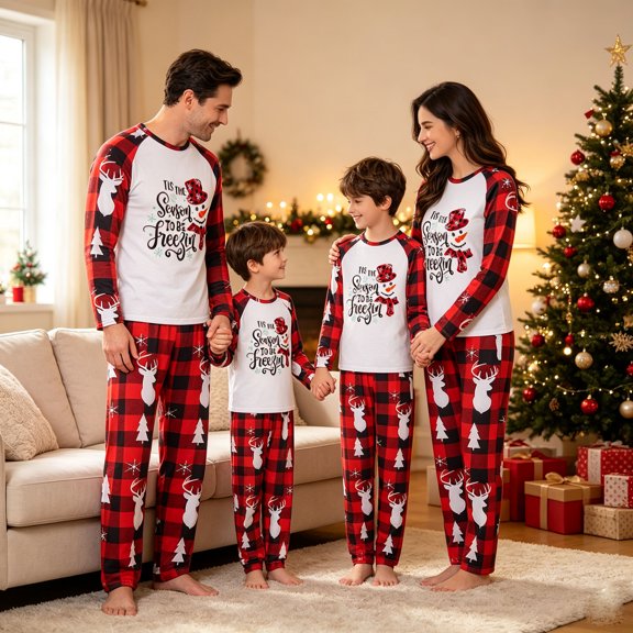 Cozy Christmas Matching Family Sleepwear, Snowman Letter Tops Plaid Pants Loungewear Set