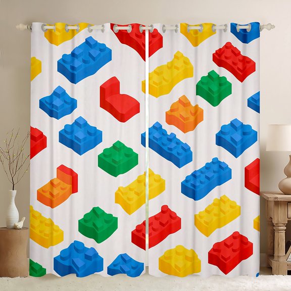 jejeloiu Colorful Building Blocks Black Out Curtains,Geometric Toy Brick Curtains Pack of 2 (42x63 Each),Rainbow 3D Block Bedroom Curtains For Girls Boy,Breathable Home Decor