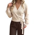 thumbnail image 2 of Women's Wrap V-Neck Knit Sweater, Side Tie Waist Cropped Top with Puff Long Sleeves, Soft Lightweight Ribbed Casual Pullover for Fall Winter Commuting Date Night Daily Wear Beige, 2 of 9