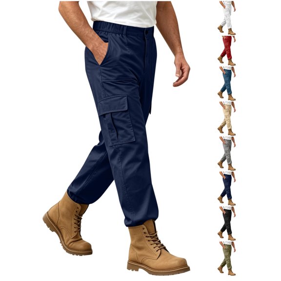 Cargo Pants for Men Solid Color Elastic Waist Multiple Pockets Outdoor Straight Type Climbing Hiking Pants
