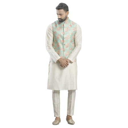ELINA FASHION Men's Indian Cotton Kurta Pajama And Printed Nehru Jacket (Waistcoat) Indian Wedding Ethnic Diwali Puja Set