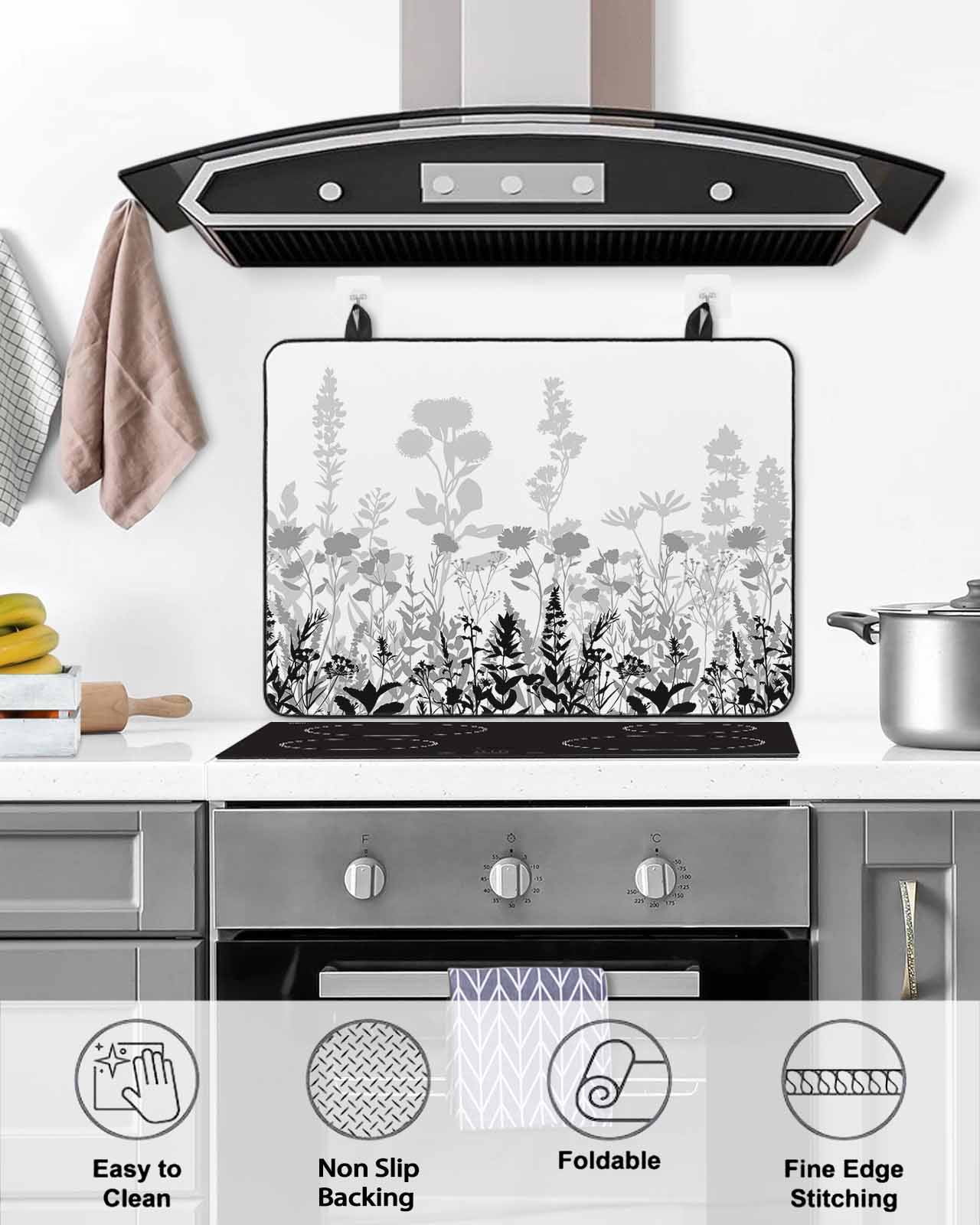 nqOlkjepod Large Induction Cooktop Protector Mat 24"x21", Grey Floral Rustic Stove Top Covers for Electric Stove, Spring Farmhouse Botanical Floral Stove Burner Cover Mats, Glass Top Stove Cover