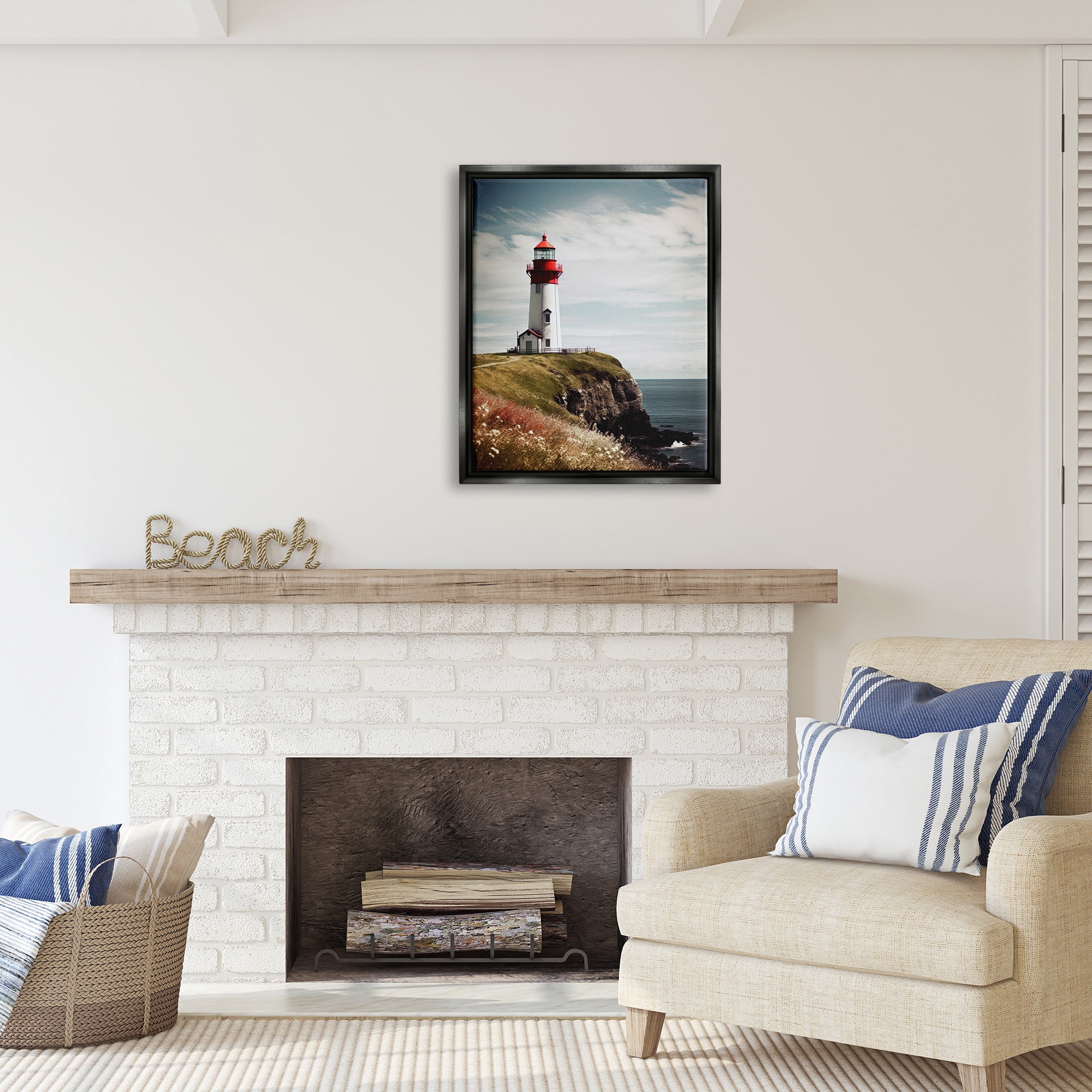 Stupell Industries Lighthouse on High Cliff Landscape Photography Black Floater Framed Canvas Art Print Wall Art, 25 x 31