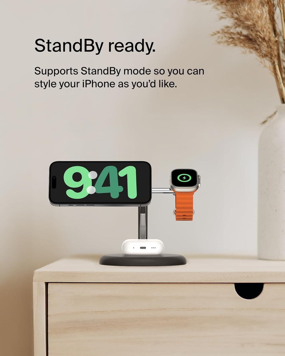 Open Box Belkin MagSafe Charger Compatible 3-in-1 Wireless Charging Stand 15W - Qi2-Certified Wireless Charger, Fast Charging iPhone Charger for iPhone 16, AirPods, Apple Watch, & More (PSU Included) - Black