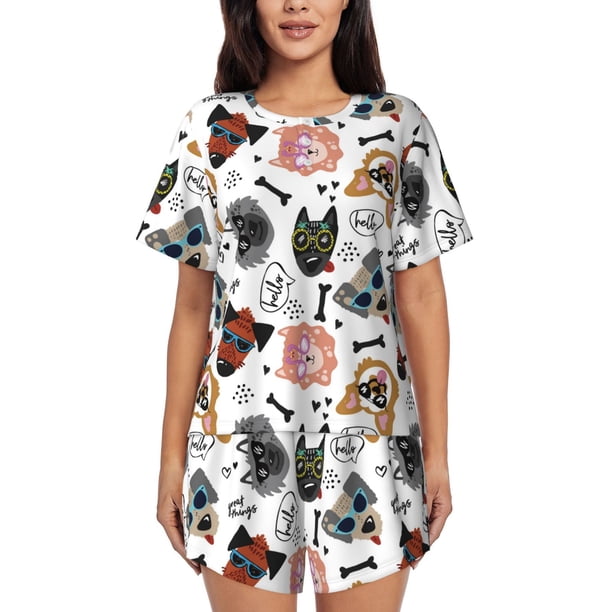 Balery Hip Hop Dog Conjunto de Pijama para Mujer con Estampado, Dos Piezas de Manga Corta y Shorts, Ropa de Dormir Suave con Cuello Redondo y Bolsillos-Medium