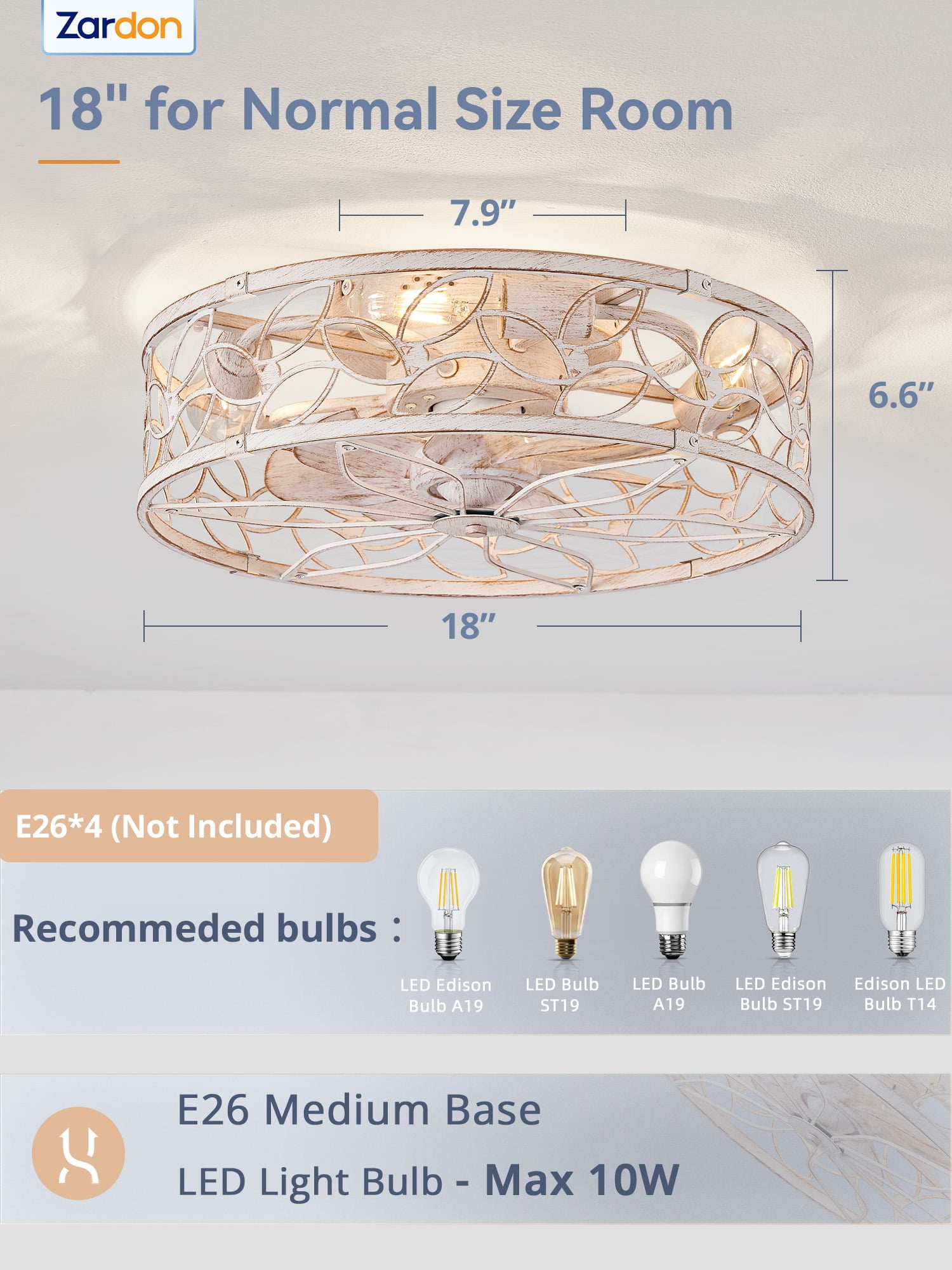 Zardon 18" White Gold Caged Ceiling Fan with Light and Remote Control - Flush Mount Low Profile DC Motor for Bedroom, Kitchen, Dining Room