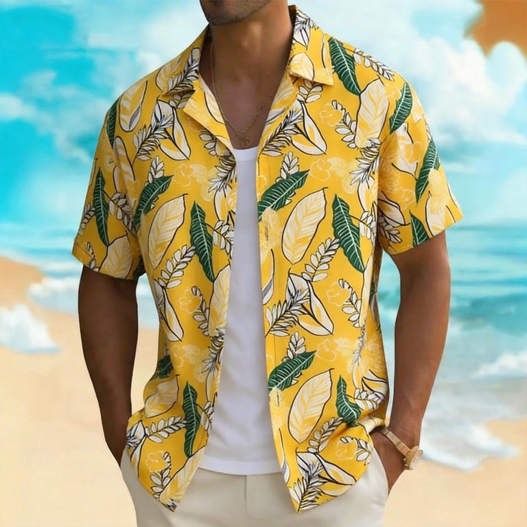 mens yellow floral dress shirt Mens Shirt Men's Floral Print Short Sleeve Shirt Hawaiian Print Turn Down  Collar Casual Tropical Button Down Shirt for Summer Yellow XXXXL