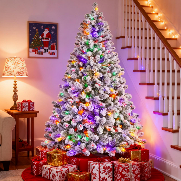 Vebreda 6ft Pre-Lit Snow Flocked Christmas Tree with Color-Changing RGB Lights, Full 821 Branch Tips, Artificial Holiday Decor for Home