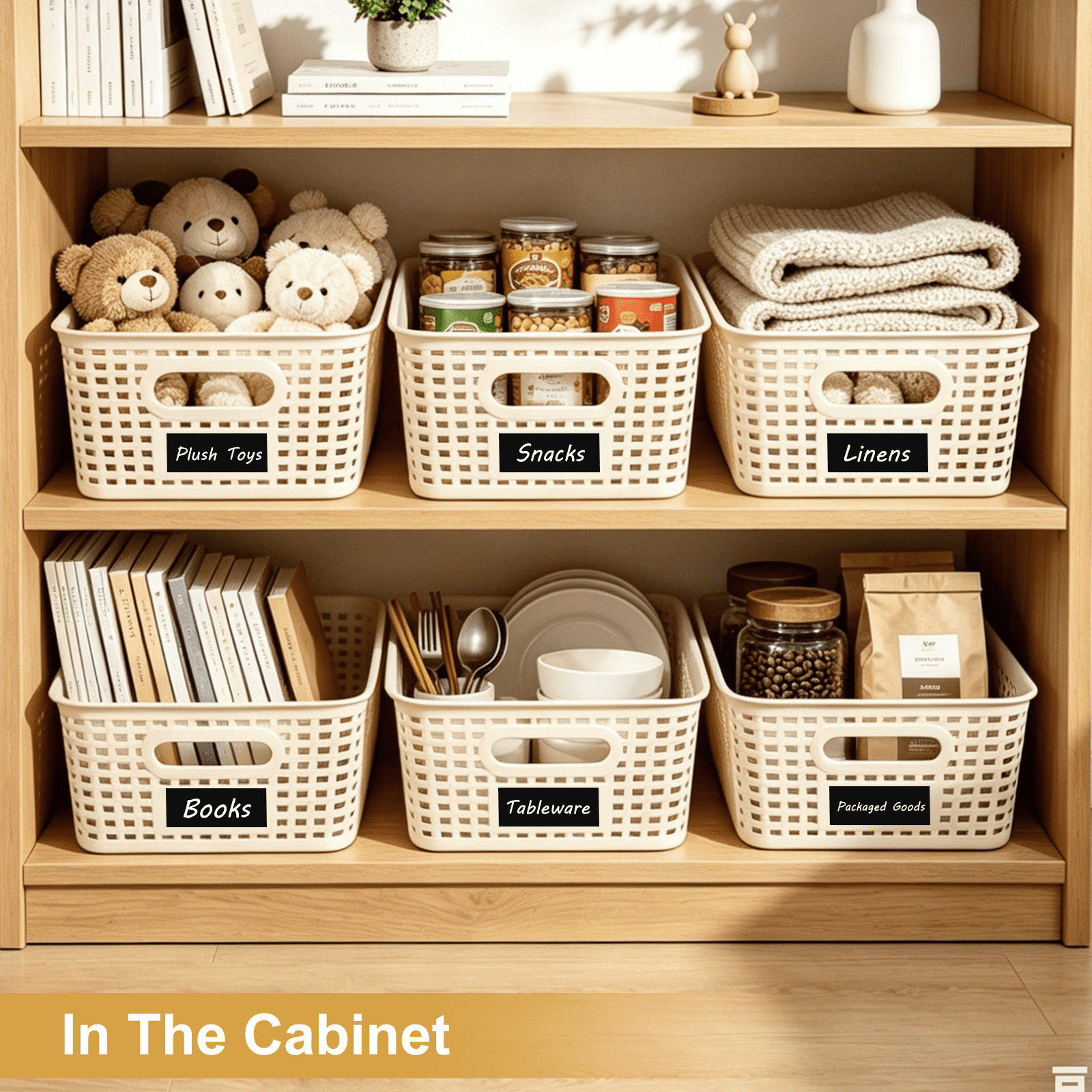 6 Pack Stackable Plastic Storage Baskets with Bamboo Lids, Storage Containers for Organizing Shelves, Drawers, Desktop, Closet, Office & Classroom, Includes Labels & Pen