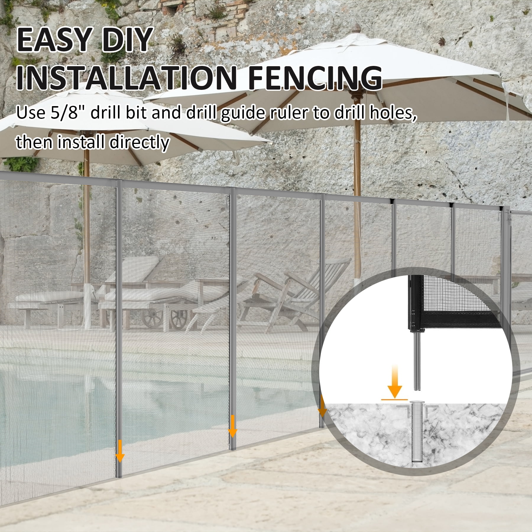 Domi 5FT x 12FT DIY Pool Safety Fence,Removable Black Mesh Fence for Inground Pools, Outdoor Backyard Swimming Pool, Garden Pool Protection,Gray