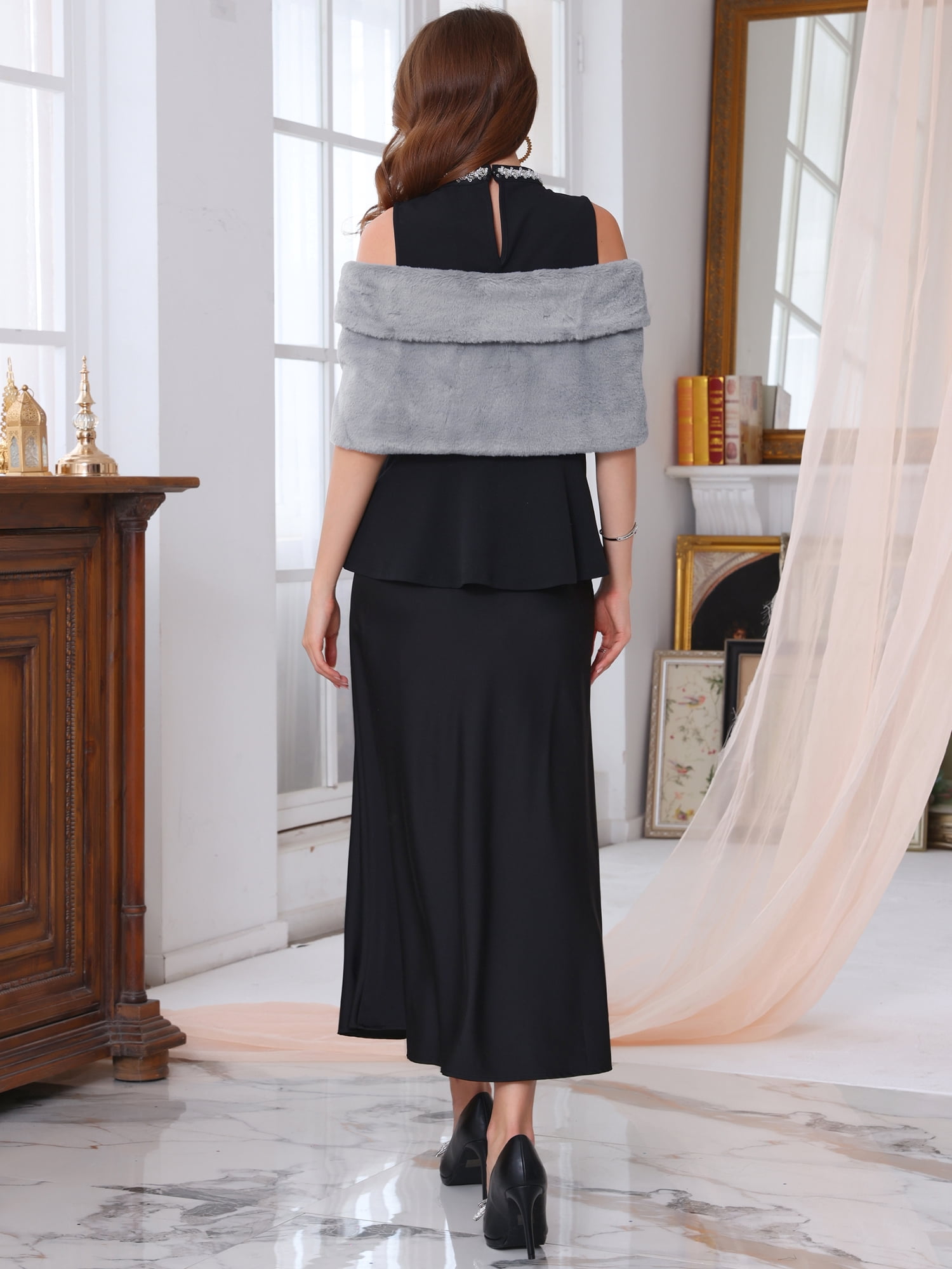 DARING DIVA Women's Elegant Faux Fur Shawl Wrap Cape XL Grey