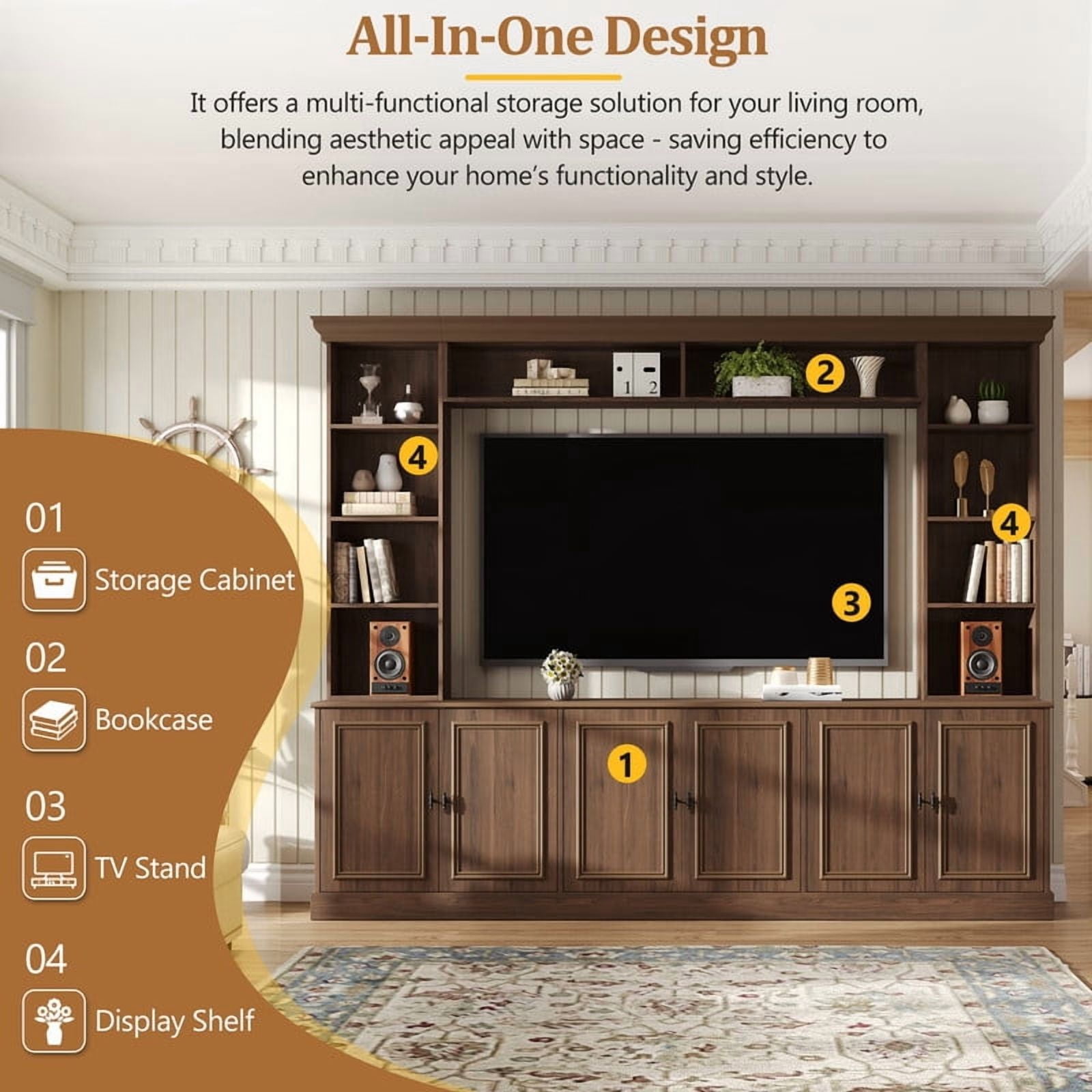 4-Piece Mid-Century Wall Unit Entertainment Center with Bookshelf for TVs Up to 70", Versatile TV Stand with Adjustable Shelf for Living Room