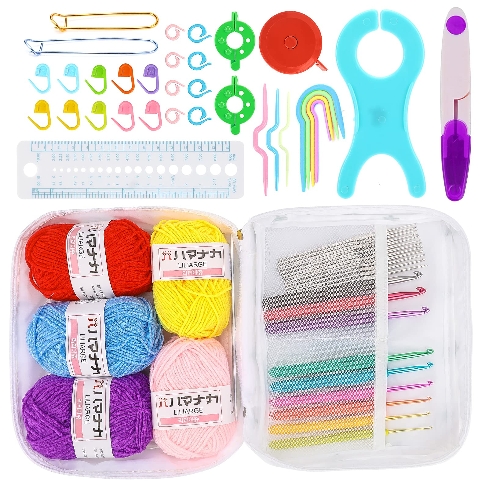 Organikway 60-pc Pink Crochet Kit for Beginners Adults & Kids Set with Videos and User Guides, Yarn, Hooks and All Required Accessories
