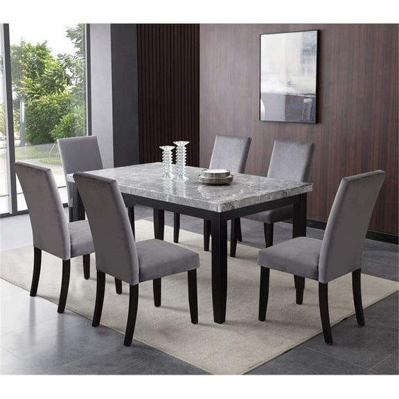 Bowery Hill Transitional 64" Marble Top 7-Piece Dining Set in Gray